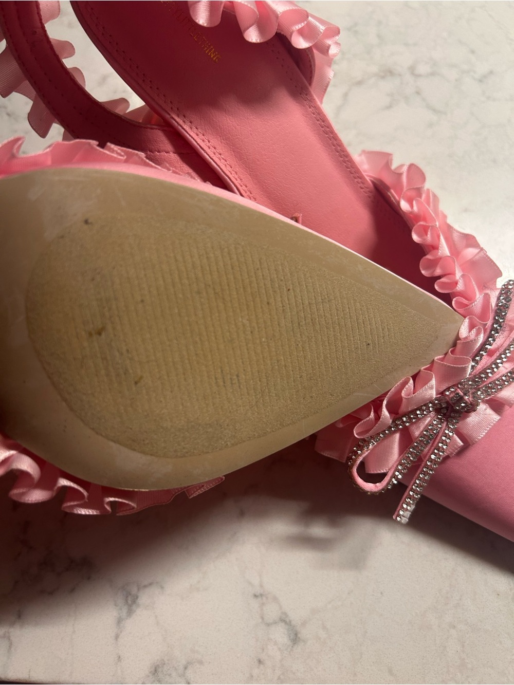 Pink Ruffle Pointed-Toe Slingback Heels with Crystal Bow - Picture 3 of 3